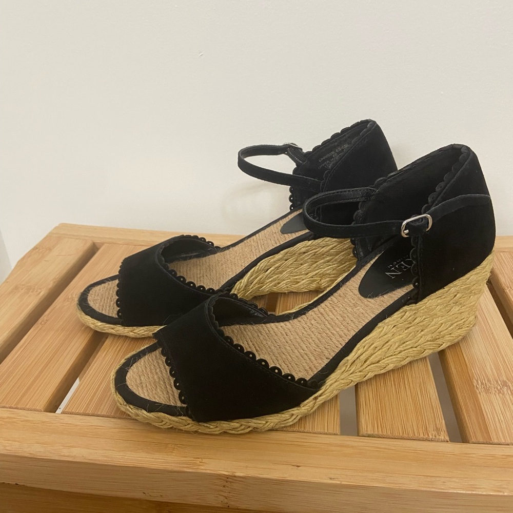 Ralph Lauren Chrissie Leather Suede Black Espadrille Wedge Sandals